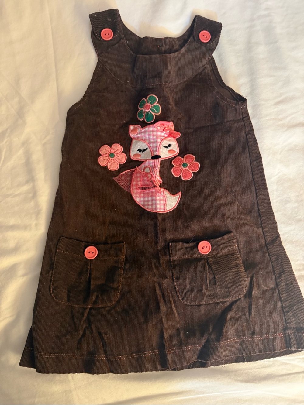 Wonderkids Brown Corduroy Pinafore with Pink Fox and Flower Appliques